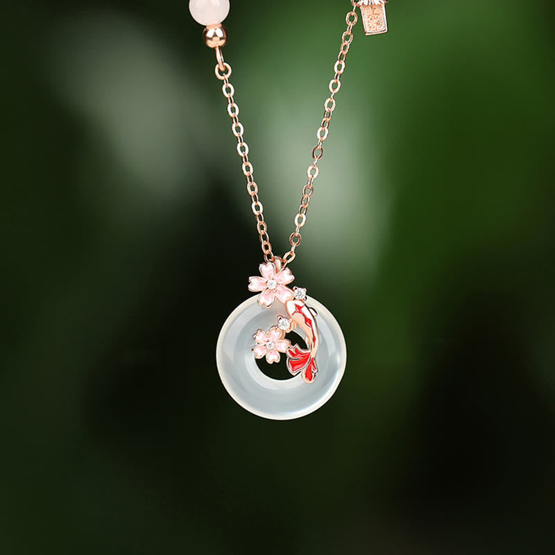Chalcedony Pink Crystal 925 Sterling Silver Flowers Koi Fish Peace Buckle Positive Necklace Pendant