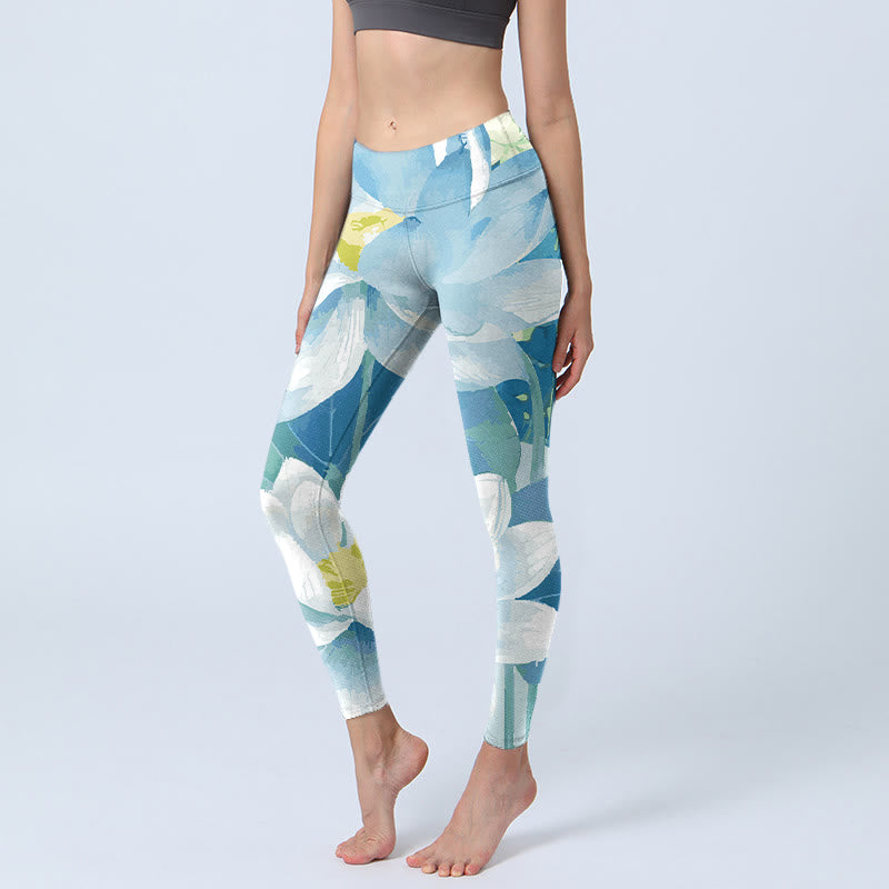 Blue White Lotus Print Gym Leggings Women's Yoga Pants