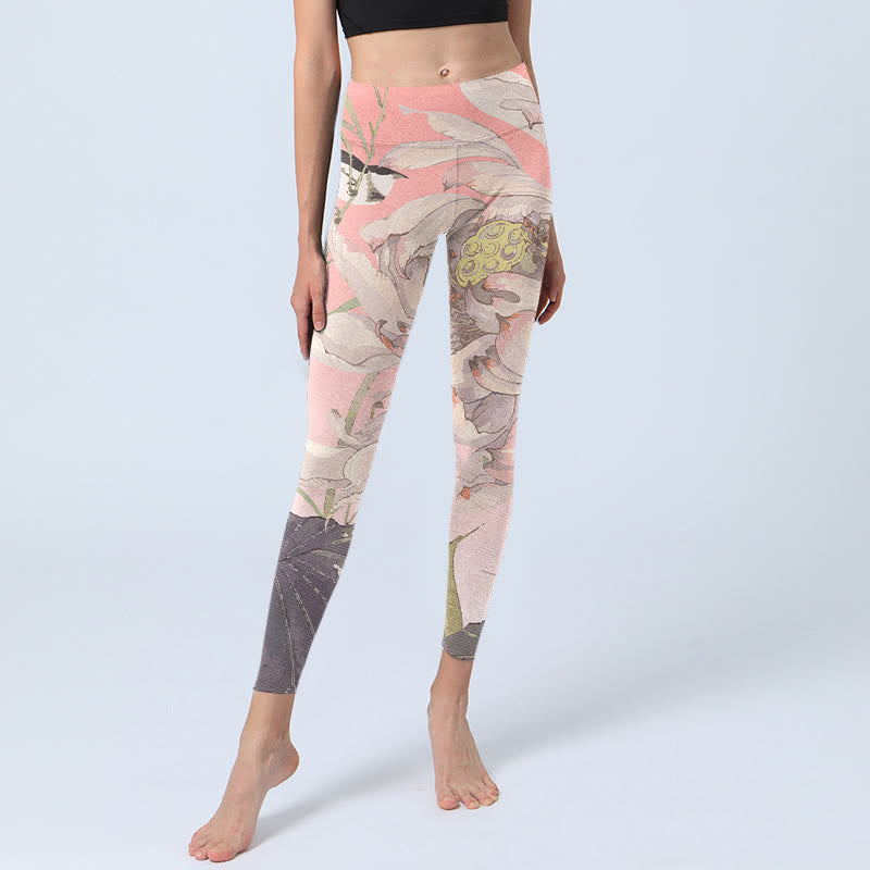 Withered White Lotus Print Gym Leggings Women's Yoga Pants - Image 6