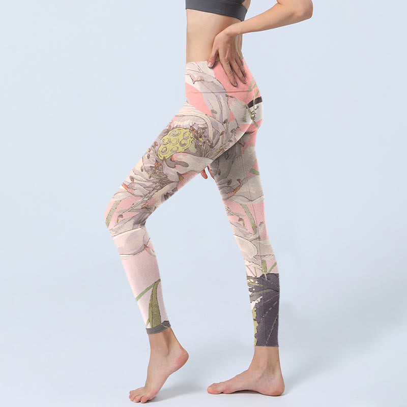 Withered White Lotus Print Gym Leggings Women's Yoga Pants - Image 3