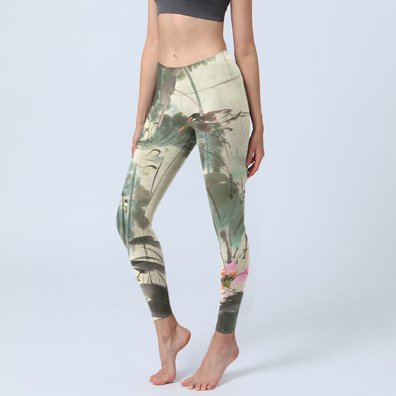 Lotus Bamboo Leaves Print Gym Leggings Women's Yoga Pants