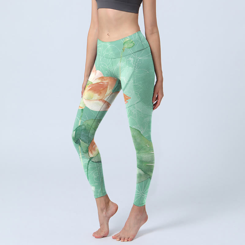 Lotus Leaves Seed Pods Print Gym Leggings Women's Yoga Pants