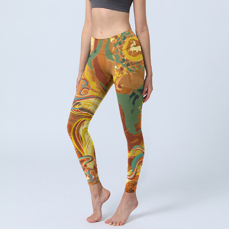 Golden Auspicious Cloud Waves Print Gym Leggings Women's Yoga Pants