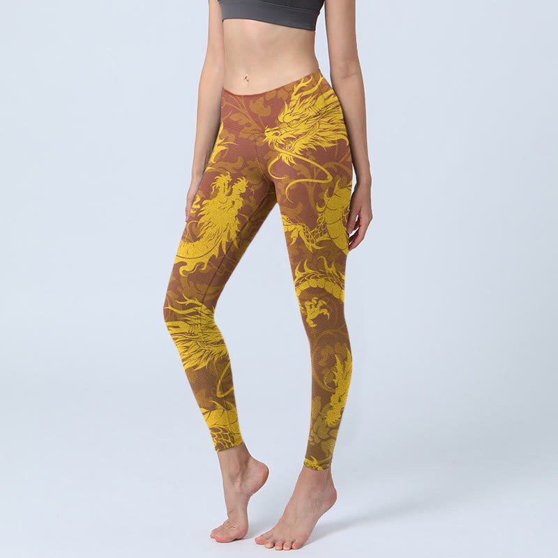 Golden Dragon Flowers Print Gym Leggings Women's Yoga Pants