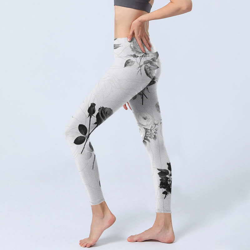 Black White Rose Gym Leggings Women's Yoga Pants - Image 3