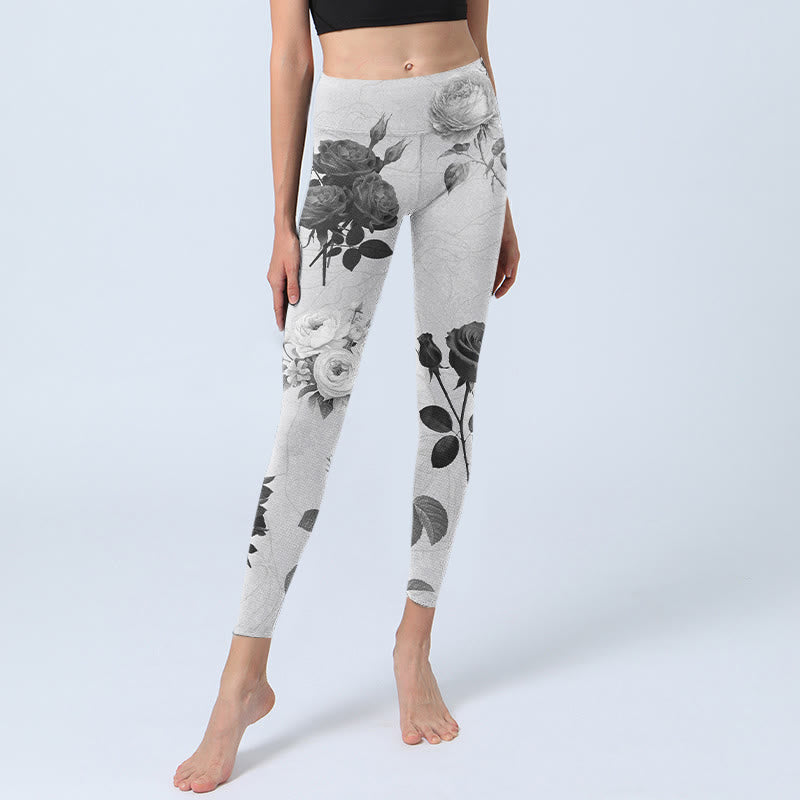 Black White Rose Gym Leggings Women's Yoga Pants - Image 6