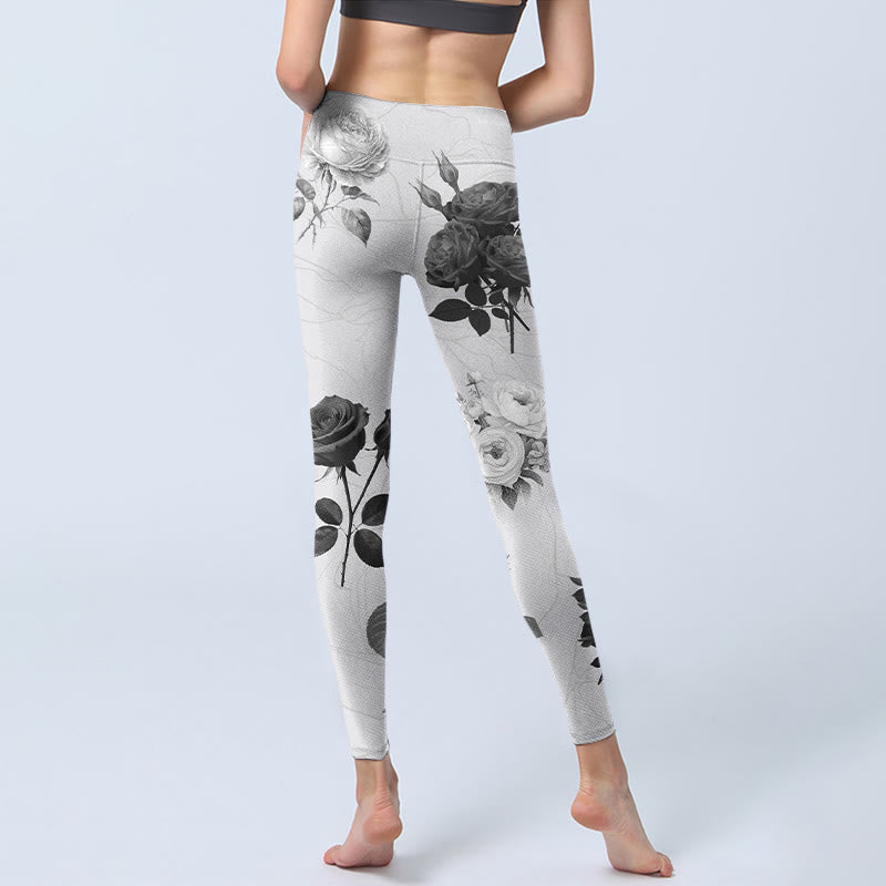 Black White Rose Gym Leggings Women's Yoga Pants - Image 7
