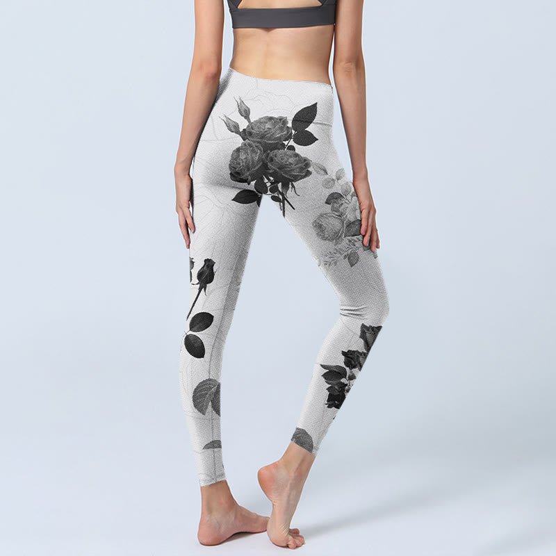 Black White Rose Gym Leggings Women's Yoga Pants - Image 5