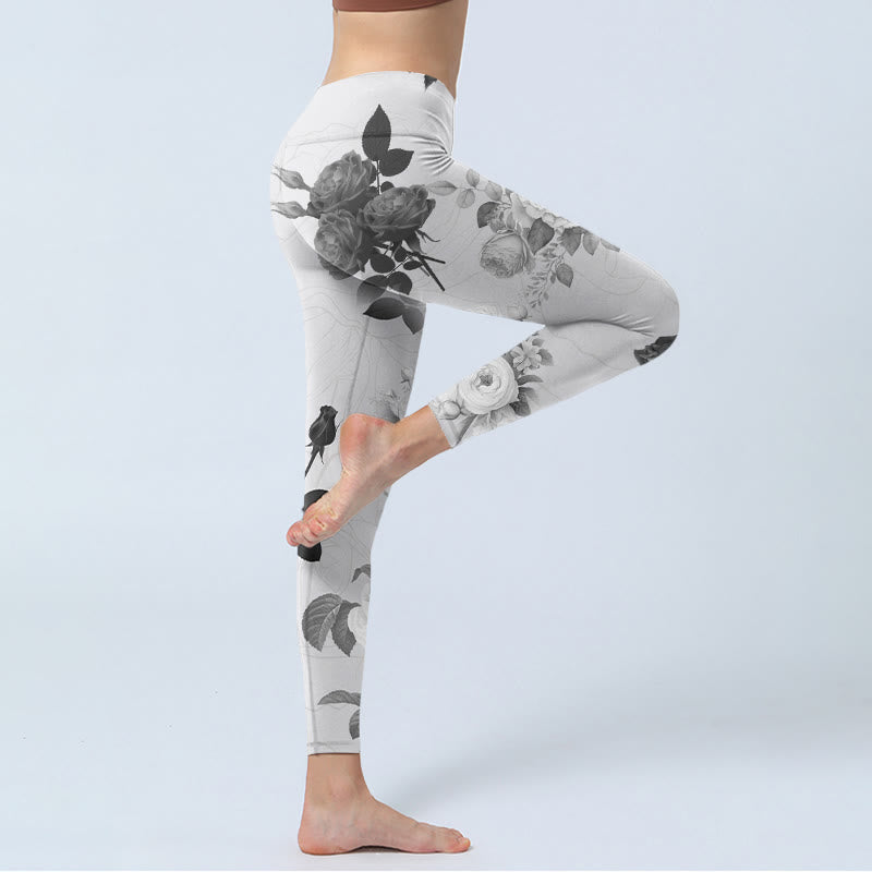 Black White Rose Gym Leggings Women's Yoga Pants - Image 4
