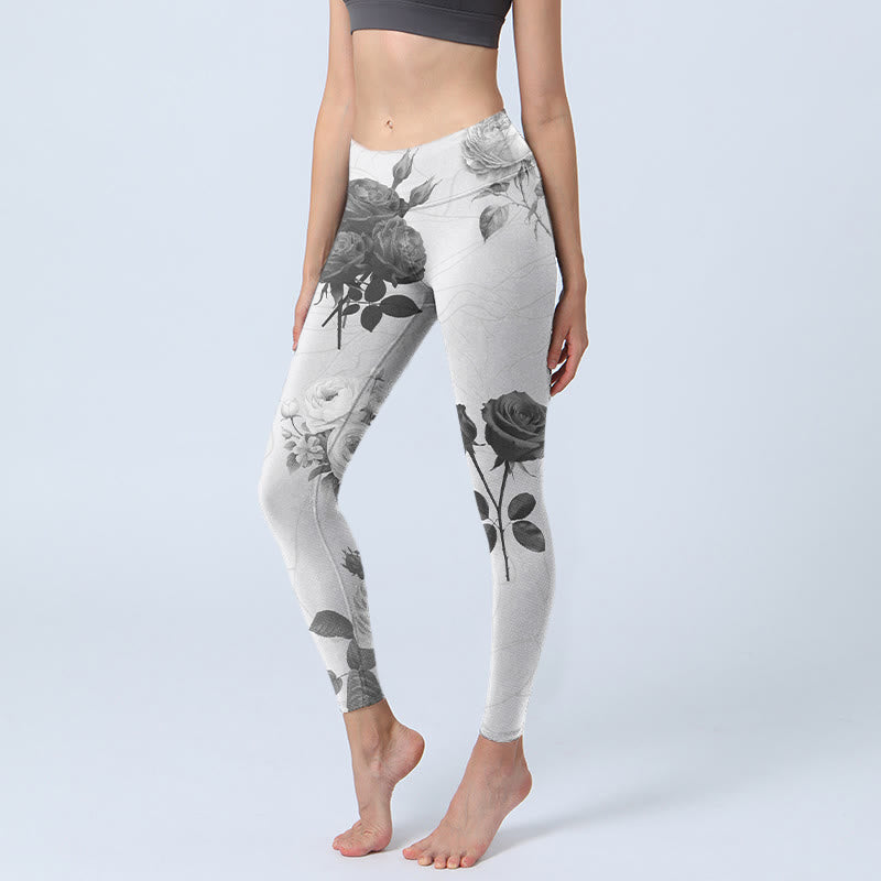 Black White Rose Gym Leggings Women's Yoga Pants