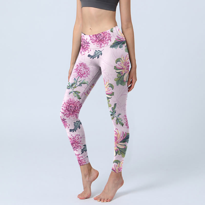 Pink Chrysanthemum Gym Leggings Women's Yoga Pants