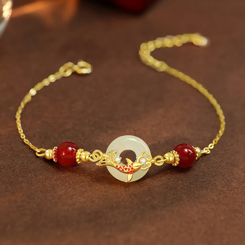 Natural Hetian Jade 925 Sterling Silver Plated Gold Red Agate Beads Koi Fish Peace Buckle Luck Bracelet