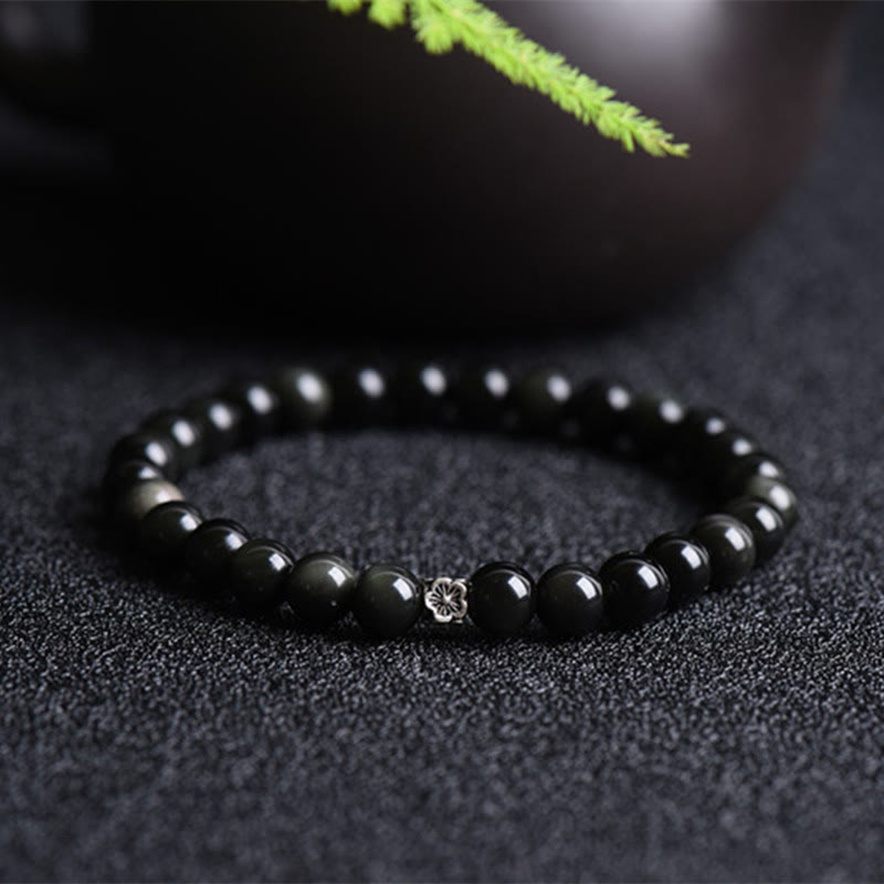 Black Obsidian Bead 925 Sterling Silver Flower Design Purification Bracelet