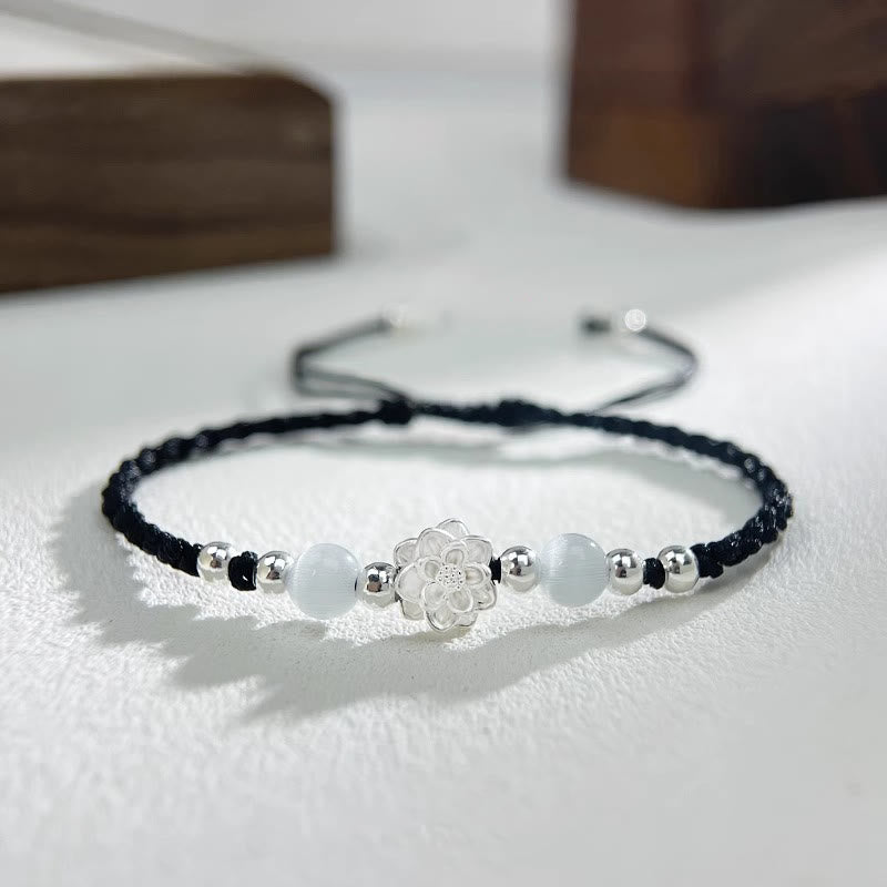 999 Sterling Silver Lotus Design Cat's Eye Bead Protection String Bracelet