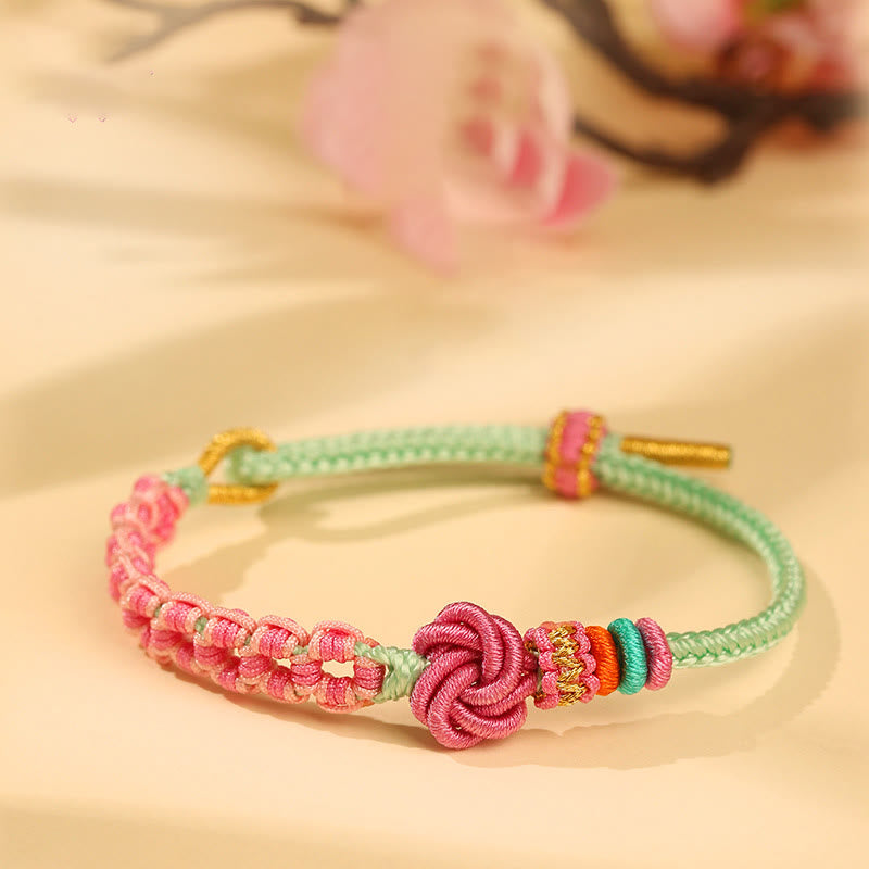 Handmade Pink Green Peach Blossom Knot Braided Bracelet