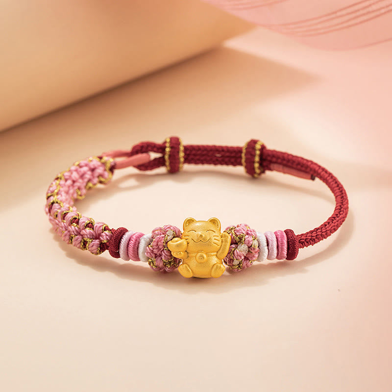 Handmade 999 Sterling Silver Fortune Cat Ingot Peach Blossom Luck Red Rope Bracelet