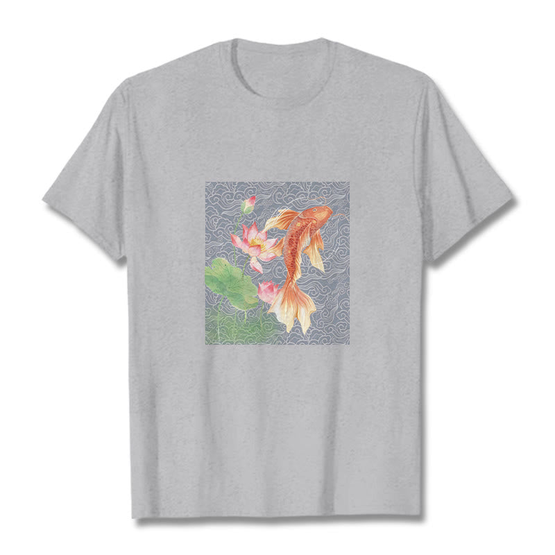 Koi Fish Lotus Combination Cotton Tee T-shirt - Image 12