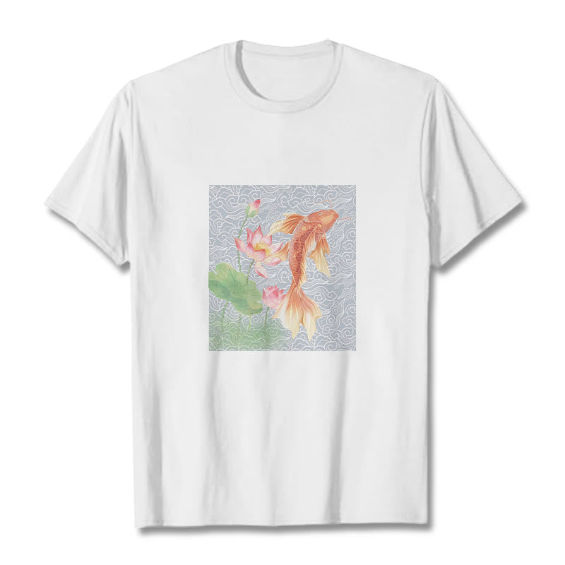Koi Fish Lotus Combination Cotton Tee T-shirt - Image 3
