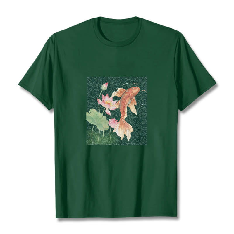 Koi Fish Lotus Combination Cotton Tee T-shirt - Image 10
