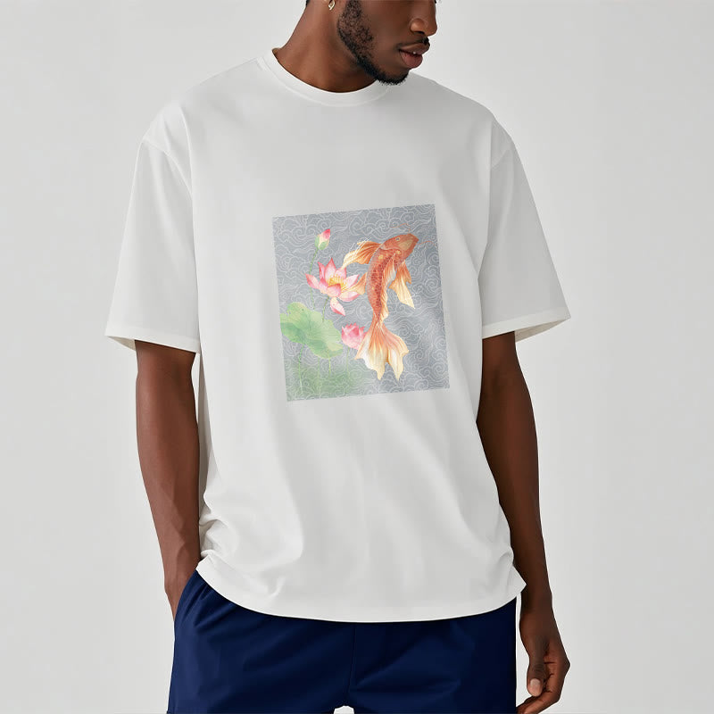 Koi Fish Lotus Combination Cotton Tee T-shirt - Image 4