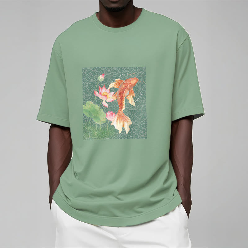 Koi Fish Lotus Combination Cotton Tee T-shirt - Image 16