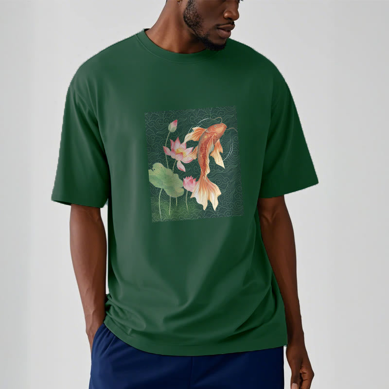 Koi Fish Lotus Combination Cotton Tee T-shirt - Image 11