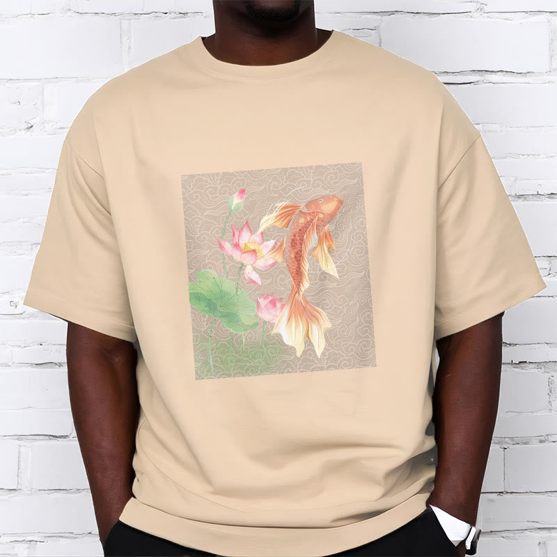 Koi Fish Lotus Combination Cotton Tee T-shirt - Image 14