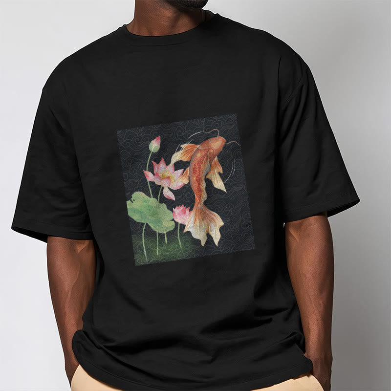 Koi Fish Lotus Combination Cotton Tee T-shirt - Image 9