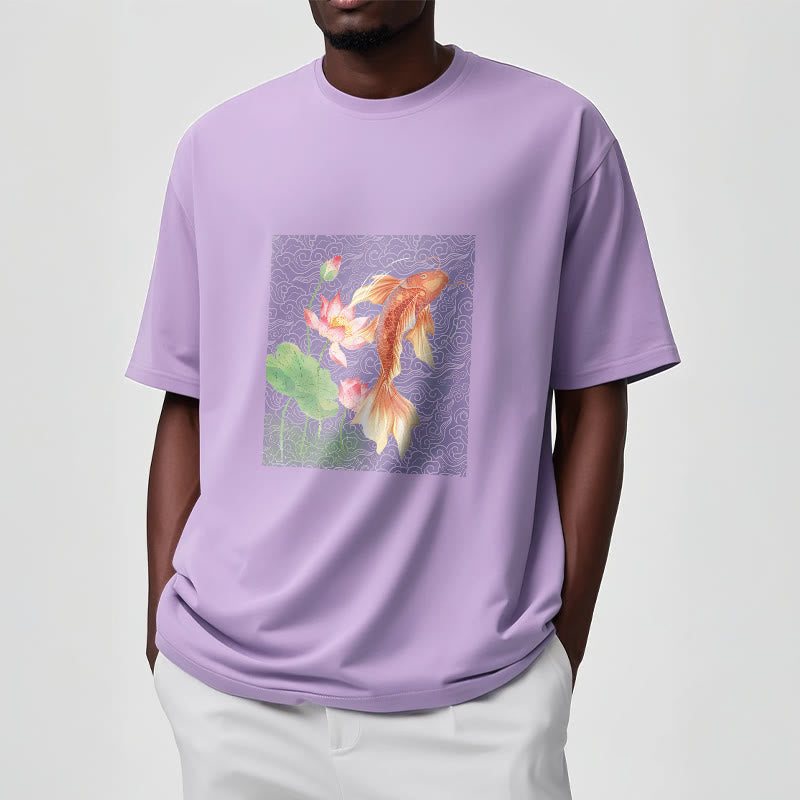 Koi Fish Lotus Combination Cotton Tee T-shirt - Image 18