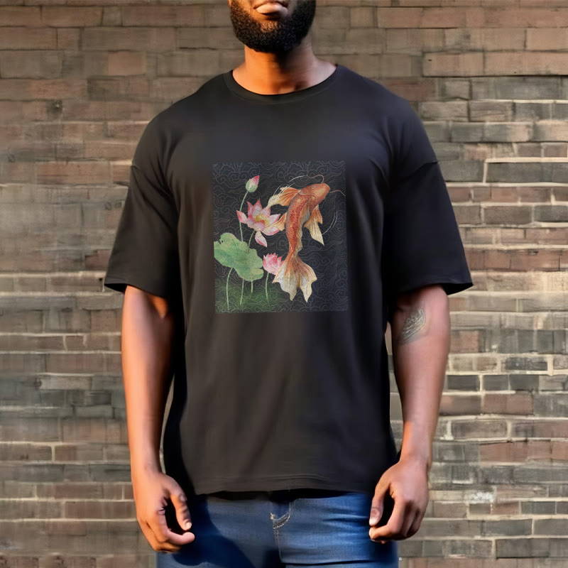 Koi Fish Lotus Combination Cotton Tee T-shirt - Image 7