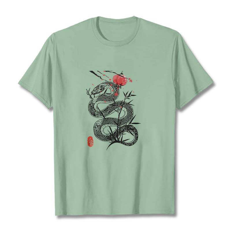 Lantern Bamboo Leaves Snake Design Cotton Tee T-shirt - Image 15