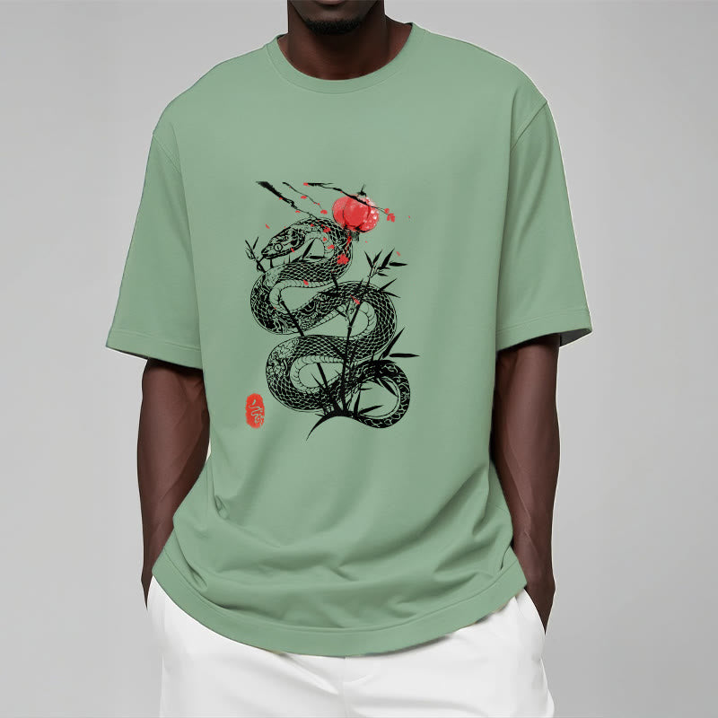 Lantern Bamboo Leaves Snake Design Cotton Tee T-shirt - Image 16