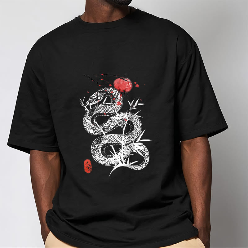 Lantern Bamboo Leaves Snake Design Cotton Tee T-shirt - Image 3