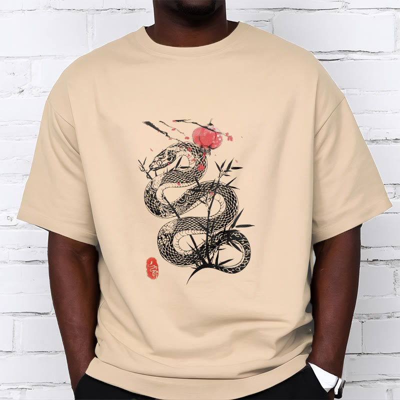 Lantern Bamboo Leaves Snake Design Cotton Tee T-shirt - Image 14