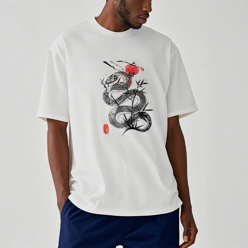 Lantern Bamboo Leaves Snake Design Cotton Tee T-shirt - Image 8