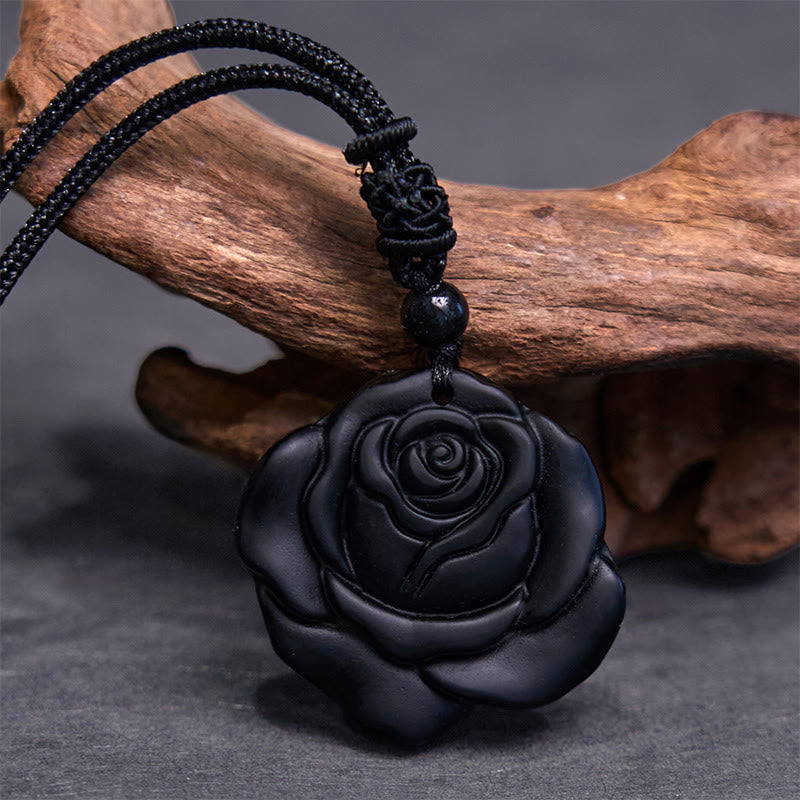 Black Obsidian String Black Rose Purification Necklace Pendant - Image 3