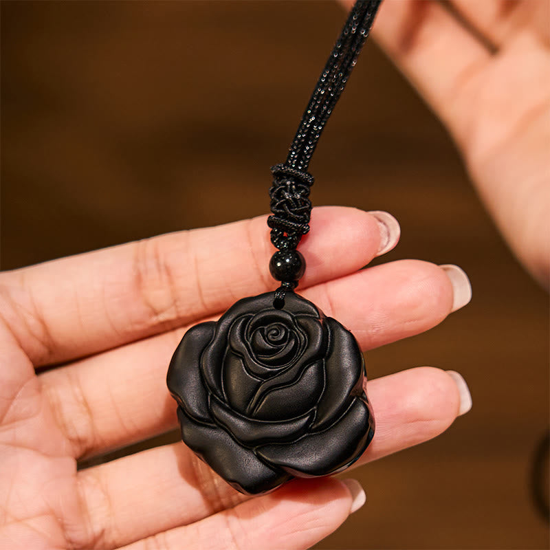 Black Obsidian String Black Rose Purification Necklace Pendant - Image 7