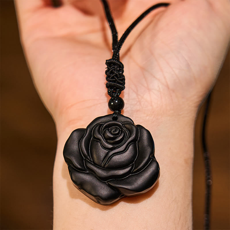 Black Obsidian String Black Rose Purification Necklace Pendant - Image 5