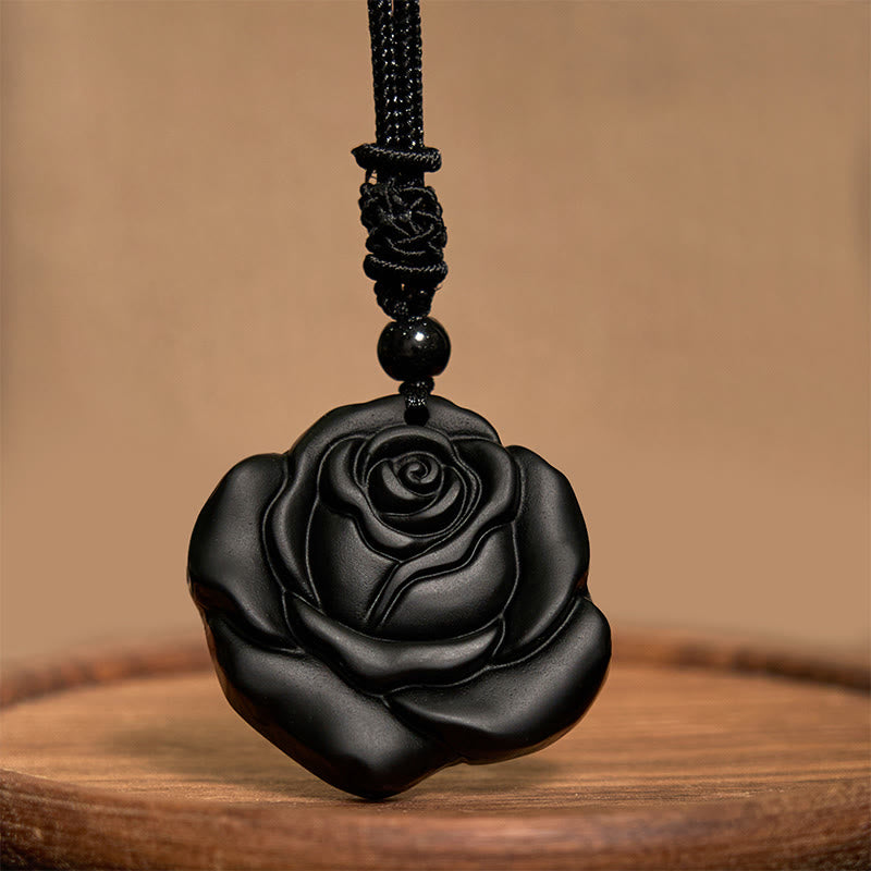 Black Obsidian String Black Rose Purification Necklace Pendant - Image 9