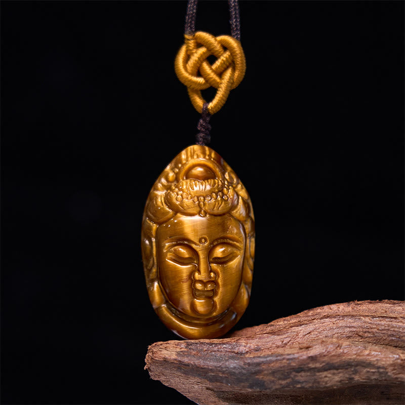 Tiger Eye Kwan Yin Avalokitesvara Head String Strength Necklace Pendant