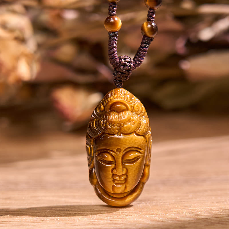Tiger Eye Kwan Yin Avalokitesvara Head String Strength Necklace Pendant - Image 14