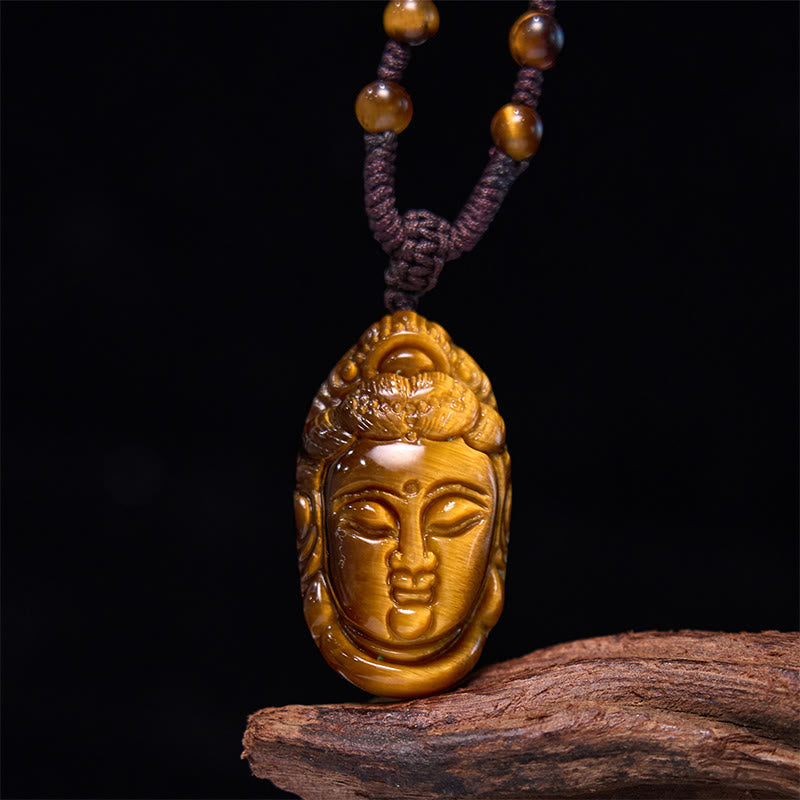 Tiger Eye Kwan Yin Avalokitesvara Head String Strength Necklace Pendant - Image 11