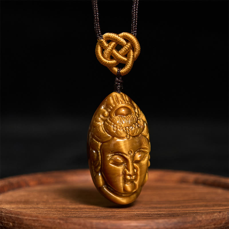 Tiger Eye Kwan Yin Avalokitesvara Head String Strength Necklace Pendant - Image 3