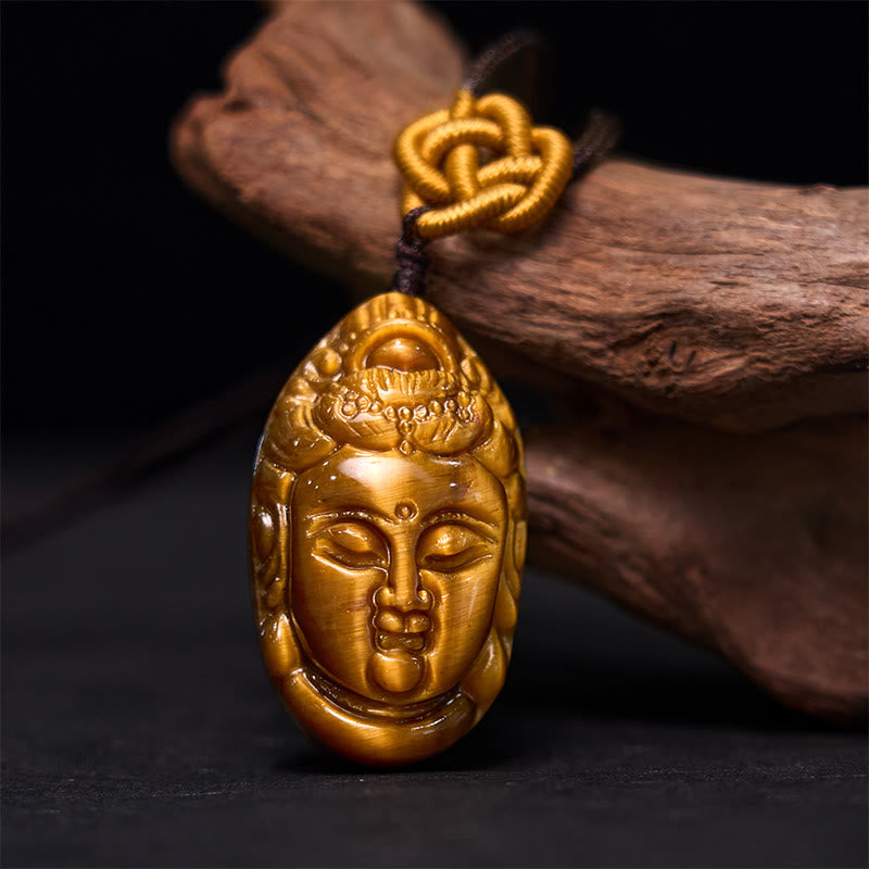 Tiger Eye Kwan Yin Avalokitesvara Head String Strength Necklace Pendant - Image 2