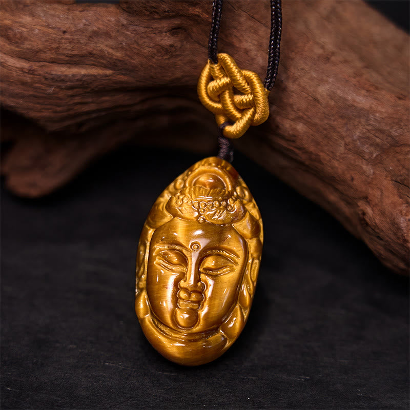 Tiger Eye Kwan Yin Avalokitesvara Head String Strength Necklace Pendant - Image 4