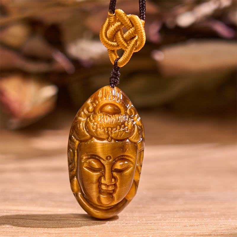 Tiger Eye Kwan Yin Avalokitesvara Head String Strength Necklace Pendant - Image 6