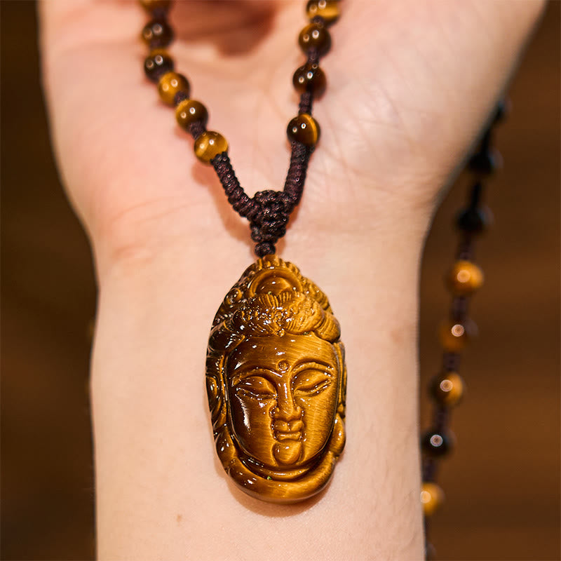 Tiger Eye Kwan Yin Avalokitesvara Head String Strength Necklace Pendant - Image 15