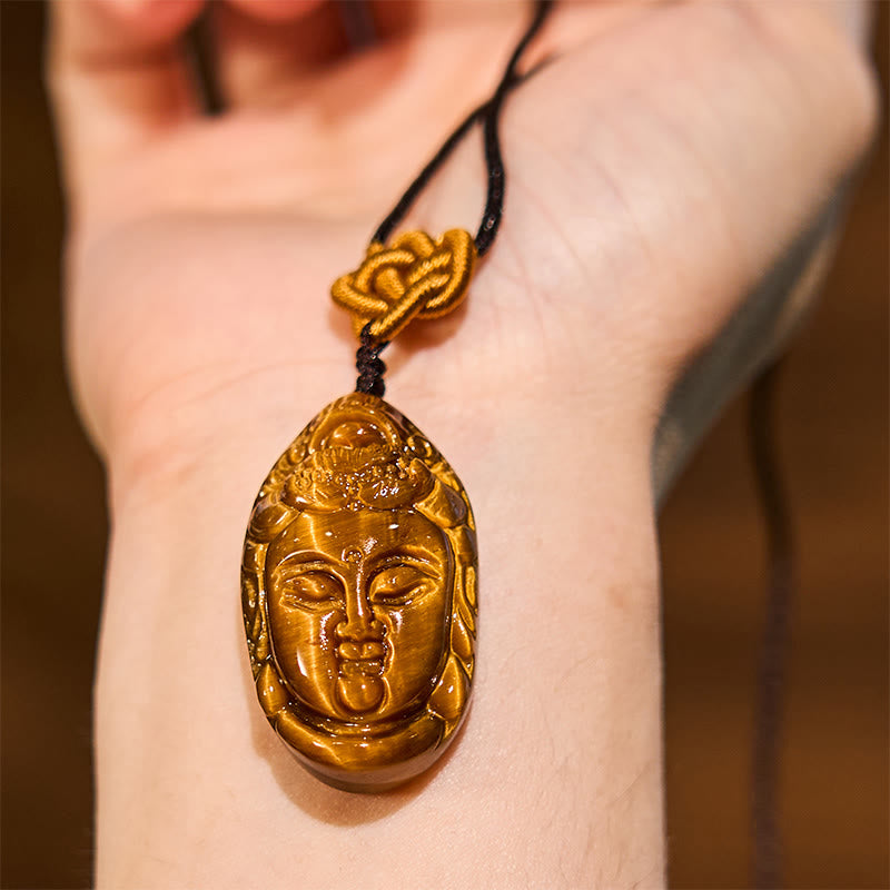 Tiger Eye Kwan Yin Avalokitesvara Head String Strength Necklace Pendant - Image 5