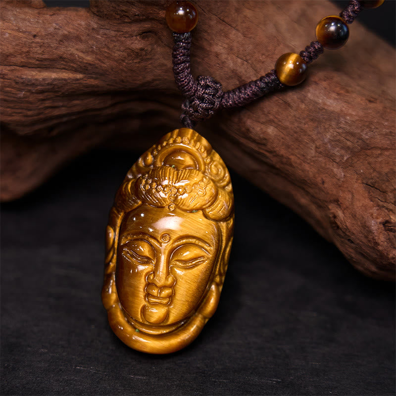 Tiger Eye Kwan Yin Avalokitesvara Head String Strength Necklace Pendant - Image 13