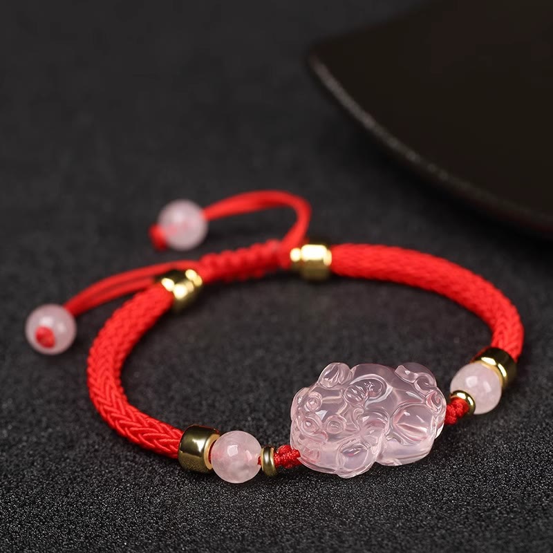 PiXiu Pink Crystal Wealth String Braided Bracelet